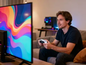 Mężczyzna korzystający z futurystycznego terminala w postapokaliptycznym bunkrze, nawiązujący do klimatu gry Fallout.