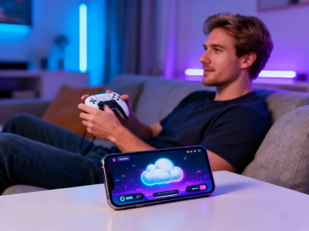 Mężczyzna grający na smartfonie z kontrolerem w przytulnym salonie, ilustrujący działanie usługi Xbox Cloud Gaming.