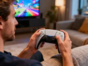 Mężczyzna naprawiający retro-futurystyczny terminal w podwodnym wnętrzu w stylu art déco z gry BioShock.