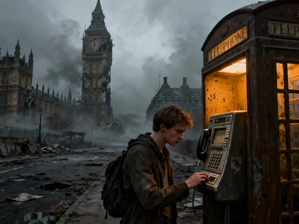 Mężczyzna eksplorujący postapokaliptyczny Londyn przy zniszczonym Big Benie w grze Fallout London.