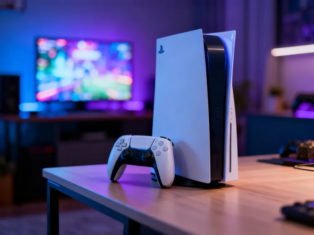 Biała konsola Xbox Series S z kontrolerem na biurku w przytulnym pokoju gracza z klimatycznym podświetleniem.
