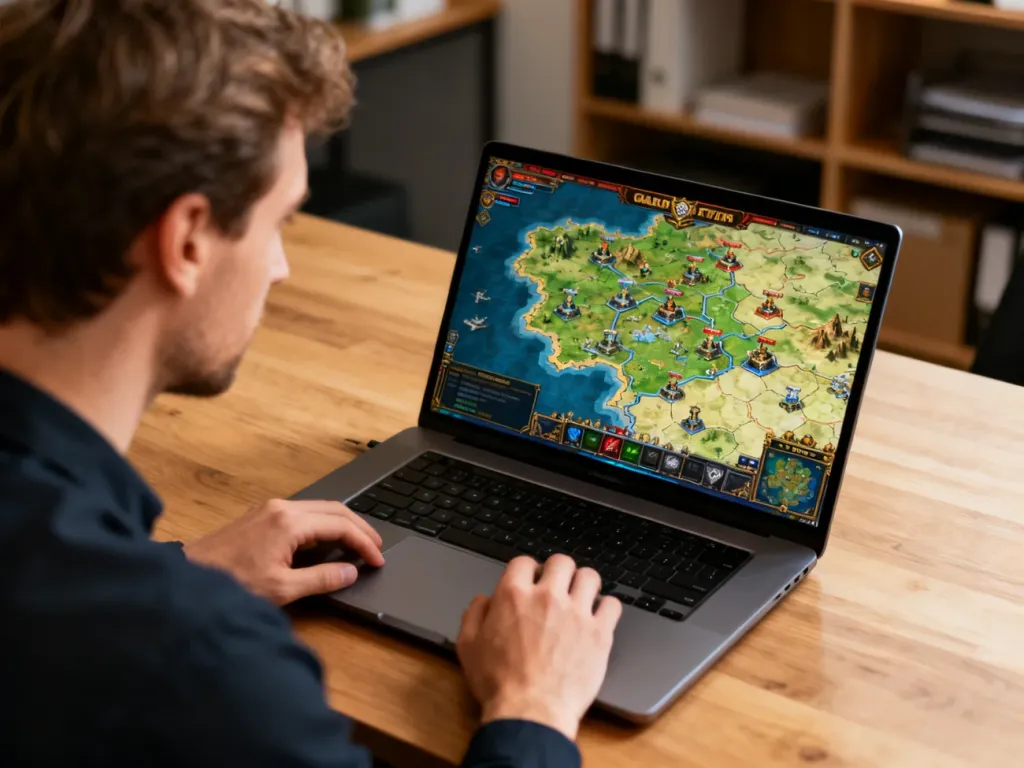 Mężczyzna skupiony na ekranie laptopa z mapą strategiczną, przygotowujący się do instalacji spolszczenia gry.