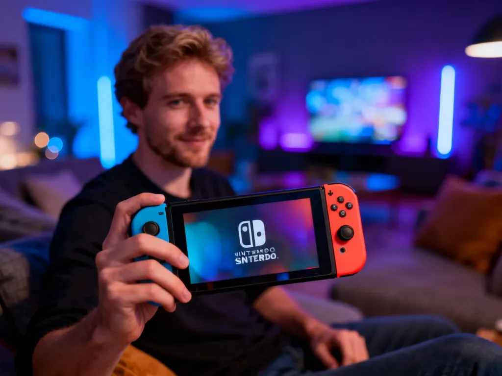 Mężczyzna trzymający konsolę Nintendo Switch OLED z wyraźnym, kolorowym ekranem w przytulnym, nastrojowo oświetlonym pokoju.