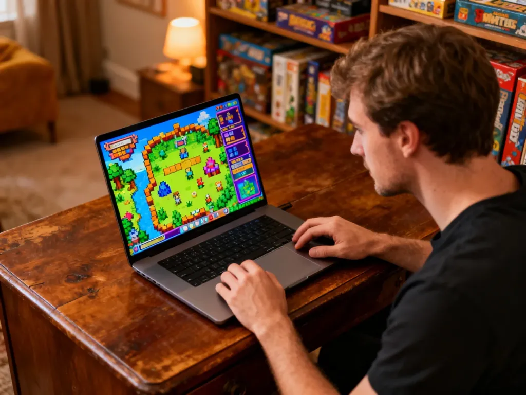 Mężczyzna przy biurku gra na laptopie w kolorową grę typu pixel-art w przytulnym, domowym wnętrzu.