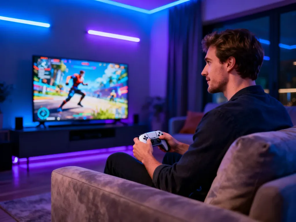 Mężczyzna grający na konsoli w przytulnym salonie z nastrojowym oświetleniem LED, korzystający z subskrypcji Game Pass.