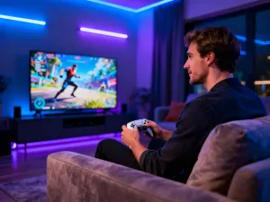 Mężczyzna trzymający nowoczesną konsolę przenośną w przytulnym salonie, z kolorową grą widoczną na telewizorze w tle.