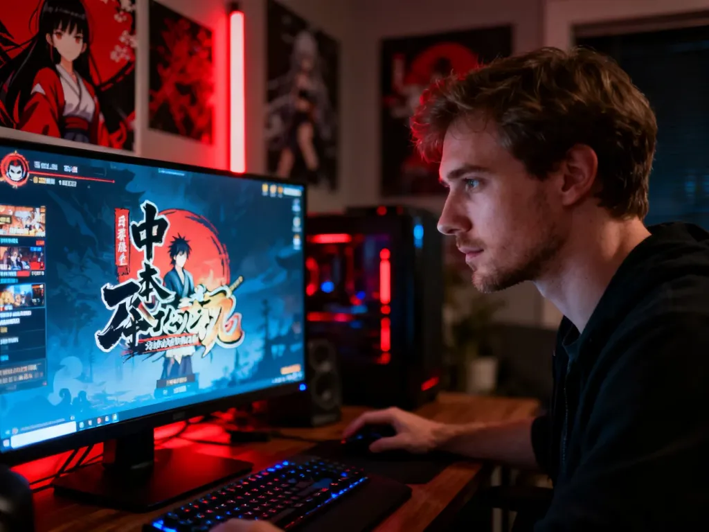Gracz skupiony na ekranie komputera z uruchomioną grą w klimacie anime, otoczony gamingowym wystrojem w stylu Persona 5.