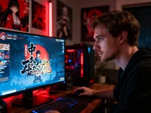 Mężczyzna przy biurku gra na laptopie w kolorową grę typu pixel-art w przytulnym, domowym wnętrzu.