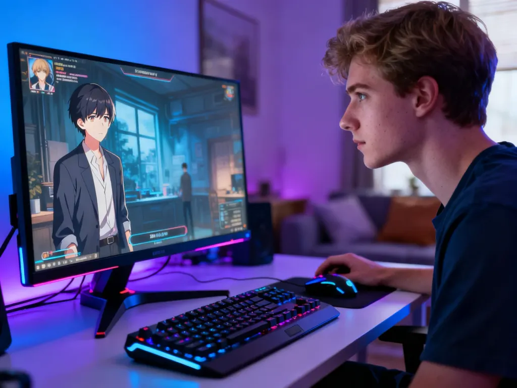 Młody mężczyzna grający w grę typu visual novel na komputerze w pokoju z nastrojowym, neonowym oświetleniem.