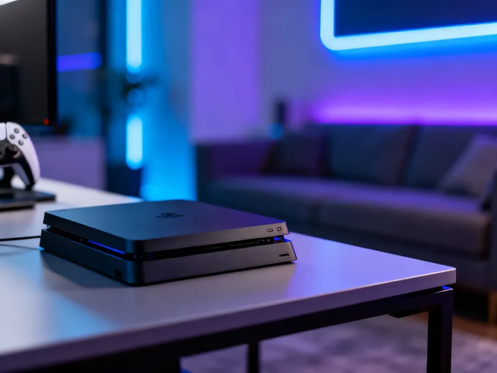 Konsola PlayStation 5 Pro ustawiona na minimalistycznym biurku w nowoczesnym salonie z nastrojowym oświetleniem LED.