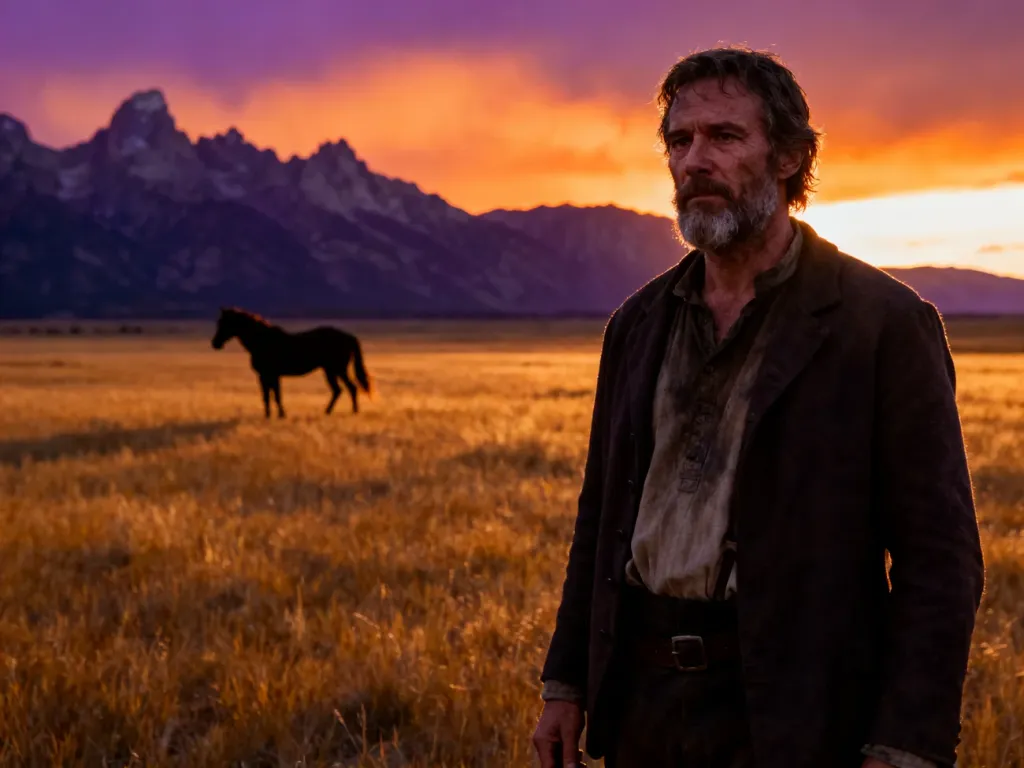 Arthur Morgan stoi na tle rozległej prerii podczas zachodu słońca, co oddaje klimat dzikiego zachodu w grze Red Dead Redemption 2.