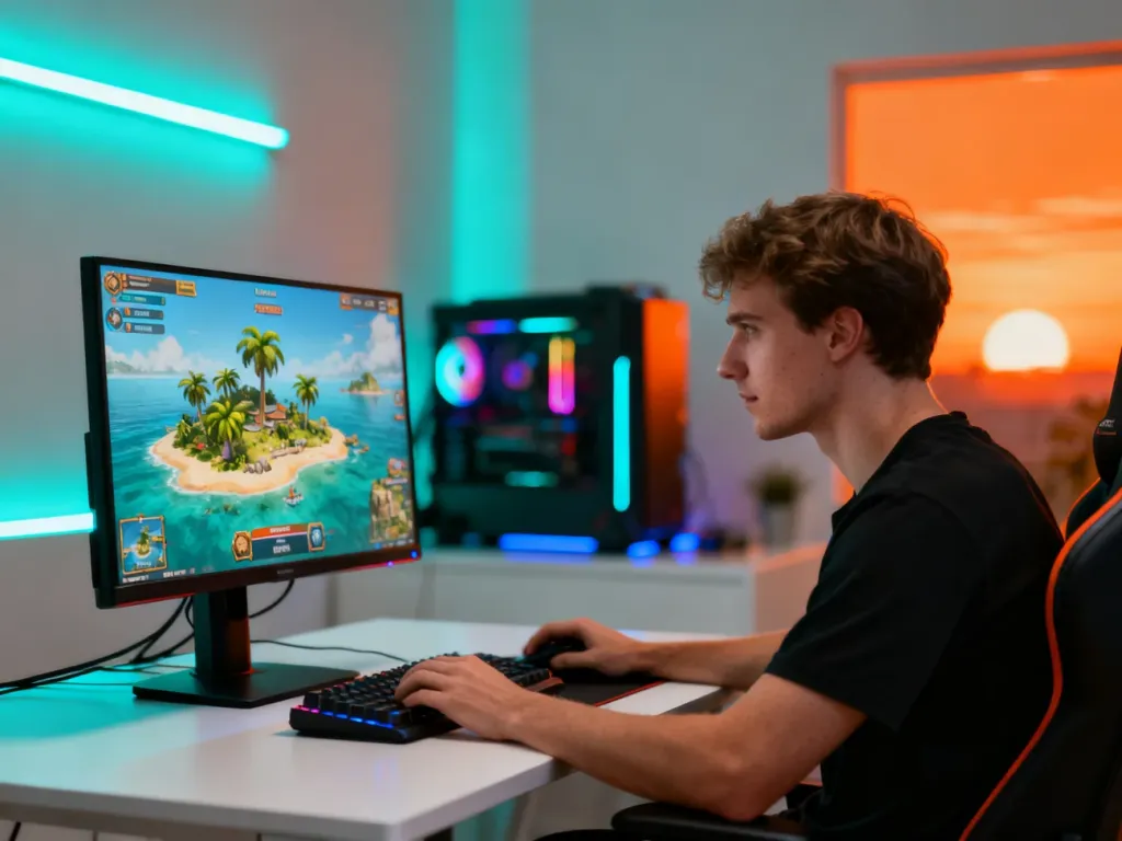 Gracz skupiony na rozgrywce w strategię Tropico 6 na monitorze komputerowym w nowoczesnym pokoju gamingowym.