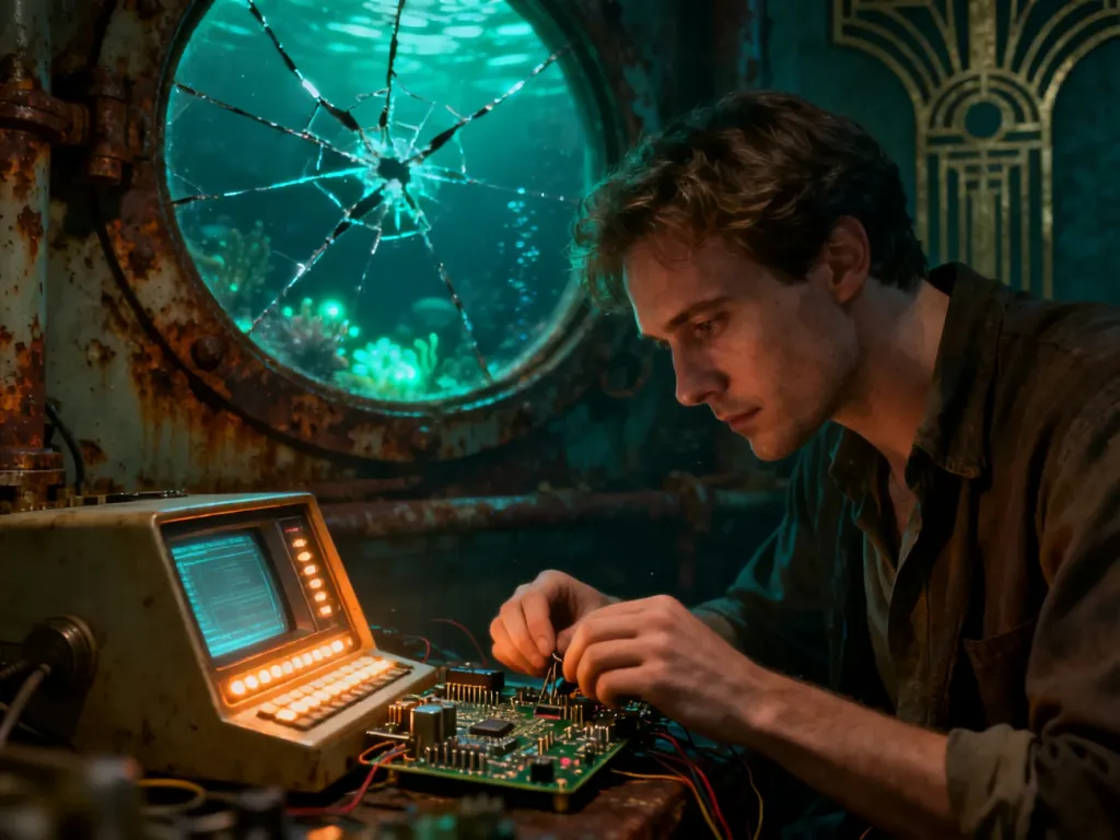 Mężczyzna naprawiający retro-futurystyczny terminal w podwodnym wnętrzu w stylu art déco z gry BioShock.