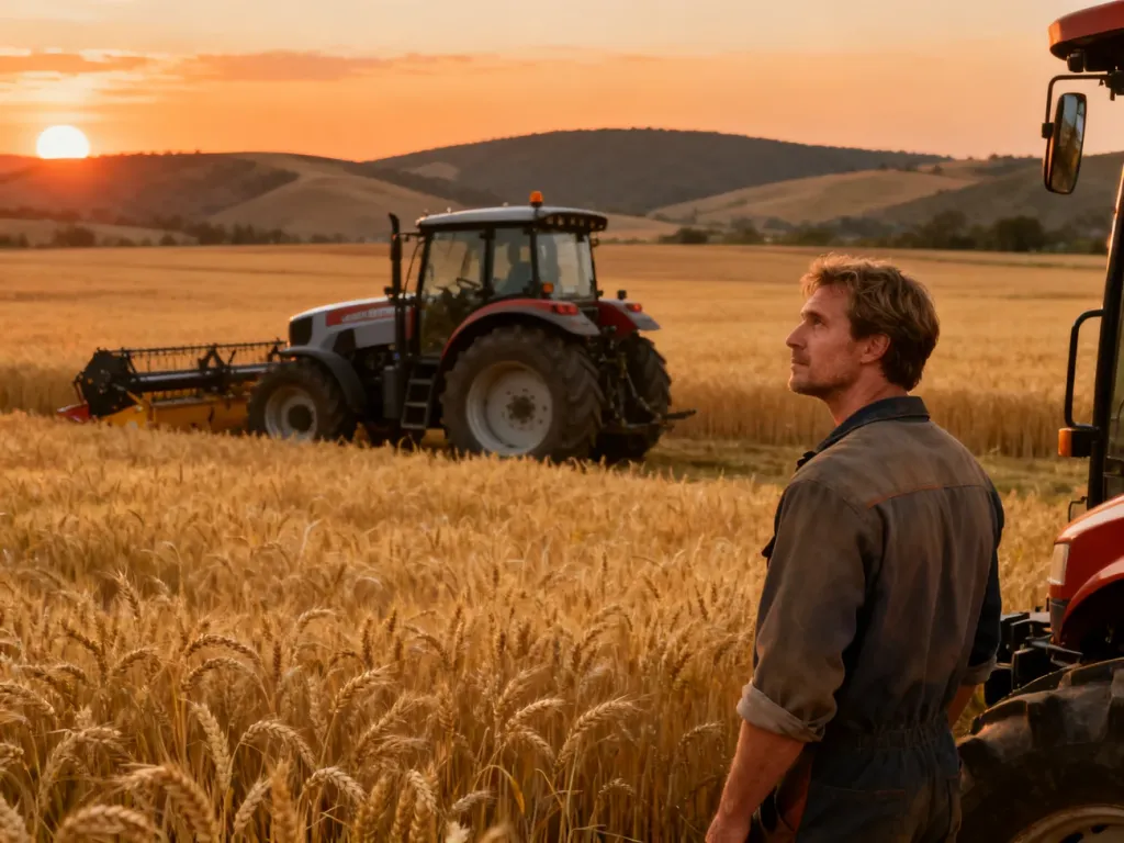 Rolnik stojący obok nowoczesnego ciągnika na polu pszenicy podczas zachodu słońca w Farming Simulator 22.